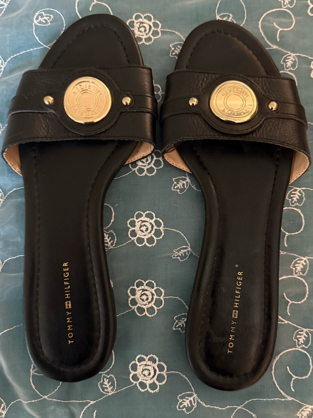 Tommy Hilfiger Black Leather Slide Sandals with Gold Medallion